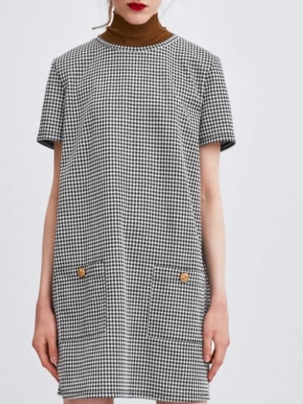 Zara Houndstooth Shift Dress - Black and White, Size M